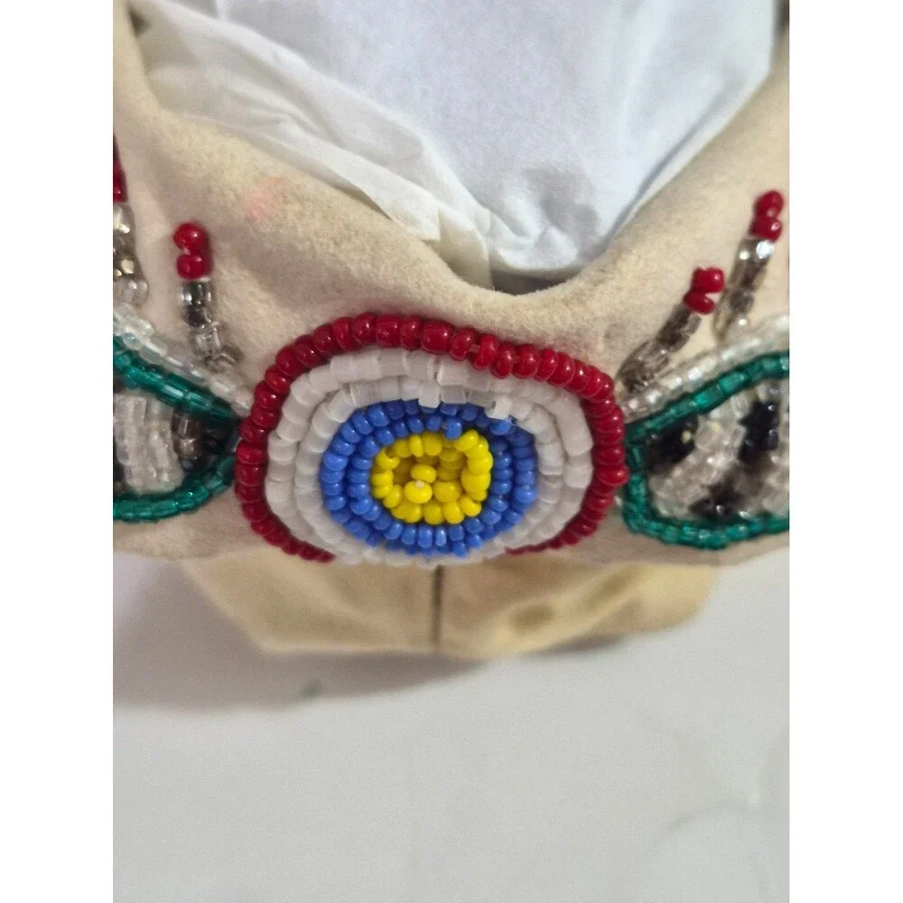 Vintage Crow Beaded Hide Moccasins featuring Intricate Colorful Glass Beadwork